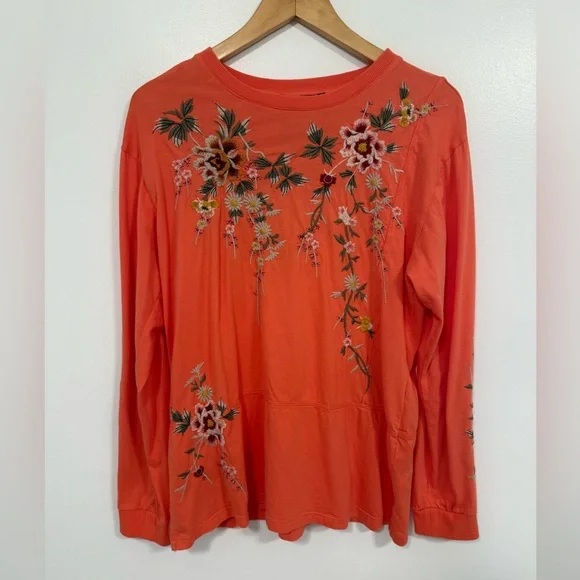Johnny Was Acacia Seamed Relaxed Long Sleeve Tee Orange M - Picture 2 of 10